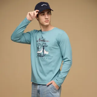 【NAUTICA】官方旗艦 男裝 燈塔航海印花長袖T恤(藍綠色)