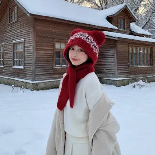 【HaNA 梨花】躲進熊熊的懷抱・俏皮熊耳費爾島緹花連帽圍巾毛帽(毛帽 熊耳 連帽 圍巾)