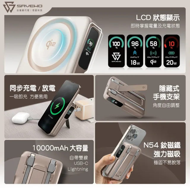 【SAVEWO】10000mAh Qi2 多功能磁吸行動電源(MC1002Q2)