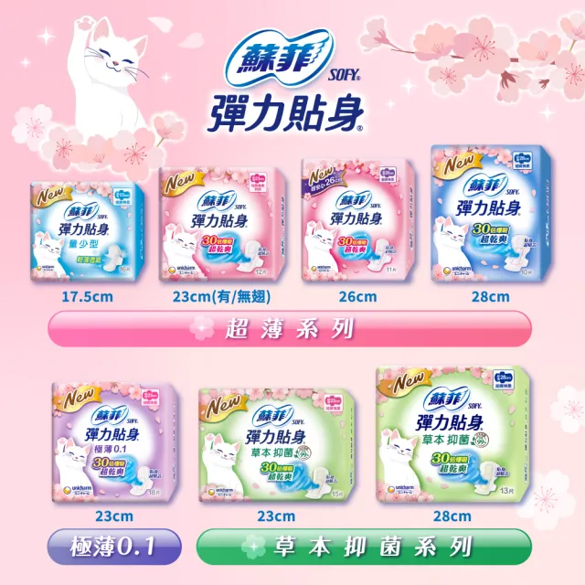【Sofy 蘇菲】彈力貼身超薄日用基本/日用潔翼/夜用潔翼衛生棉(23cm14片/23cm12片/28cm10片x8包)