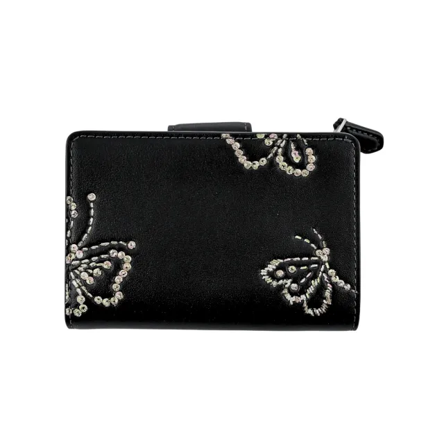 【COACH】仿刺繡皮革金字牌摺口釦式雙摺中夾(亮粉燙印/蝴蝶皮雕/黑色素面)