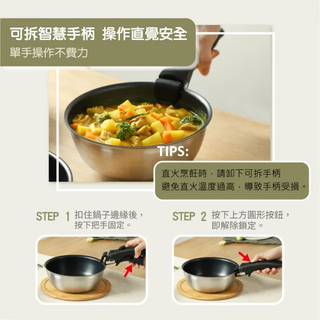 【MASIONS 美心】維多利亞 極厚七層複合鋼可拆鍋不沾鍋3鍋5件組(28深炒/24平/18湯/可拆手柄/18蓋)