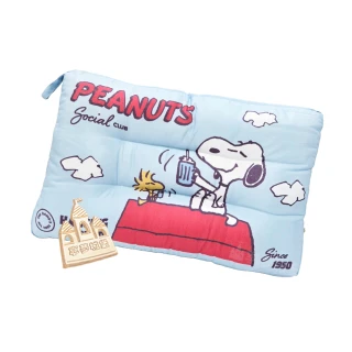 【享夢城堡】雙面天絲水洗午安童枕45x30cm－史努比SNOOPY 屋頂乾杯-藍 / 卡通水洗枕兒童交換禮物