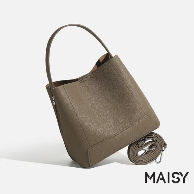 【MAISY】休閒百搭素面軟皮大容量單肩水桶包 斜跨包(米白/棕/棕灰/墨綠/黑)