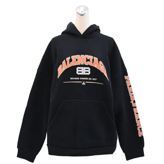 【Balenciaga 巴黎世家】經典LOGO內刷毛寬鬆連帽厚長袖上衣(黑)