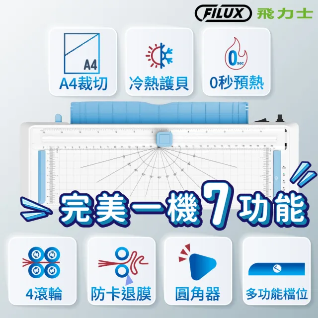 【FILUX 飛力士】七合一四滾輪裁切冷熱A4護貝機 LMTC-007HC+20張A4膠膜(0秒免預熱 高速護貝機+膜超值組)