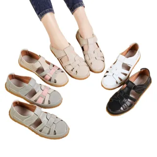 【Taroko】編織羅馬包頭大小碼真牛皮鏤空平底涼鞋(6色可選)