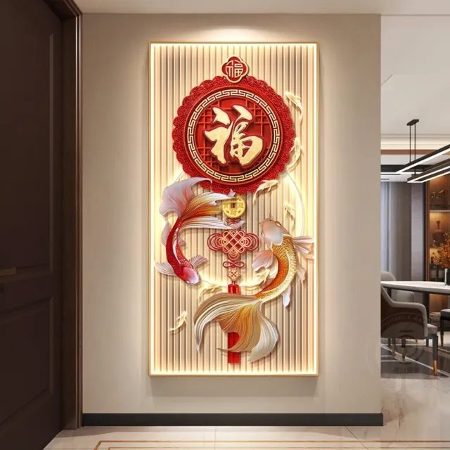 福字錦鯉玄關裝飾畫（40x80cm 12 色微噴鋁合金畫框） - momo購物網