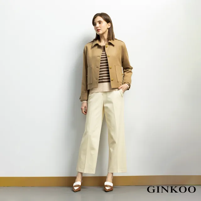 【GINKOO 俊克】釦飾圓領條紋針織上衣