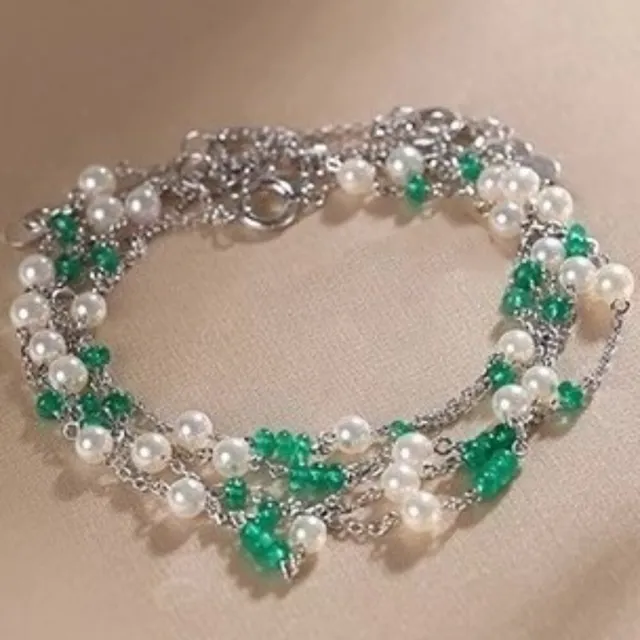 【海斯珠寶】漱玉系列 18K白金 天然祖母綠 3-3.5mm 日本 Akoya 珍珠 手鍊 極光海水珍珠 送禮推薦