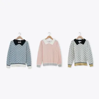 【CUMAR】撞色小波點翻領針織上衣(藍 白 粉/魅力商品)