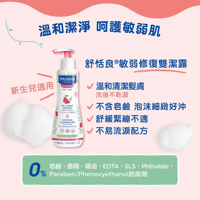 【Mustela 慕之恬廊】舒恬良 敏弱清潔防護組(雙潔露300ml＋潤身乳200ml＋面霜40ml＋屁屁膏50ml 無香乳液)