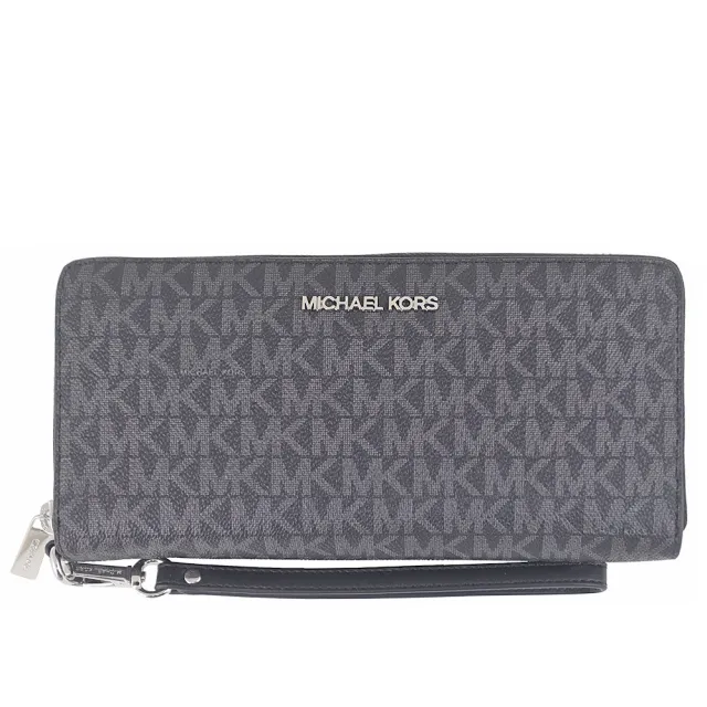 【Michael Kors】Jet Set MK花紋防水帆布提把拉鍊長夾(黑色)