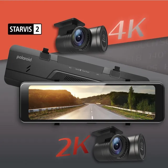 【Polaroid 寶麗萊】T1222 電子後視鏡行車紀錄器 附記憶卡(前4K+後2K 分離式鏡頭 測速提示 語音控制)