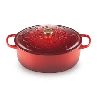 【Le Creuset】歡樂耶誕典藏琺瑯鑄鐵鍋橢圓鍋31cm(櫻桃紅-金頭)