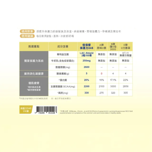 【維維樂】佳倍優 保護力345配方 無糖 237mlx24瓶/箱(日本專利益生菌)