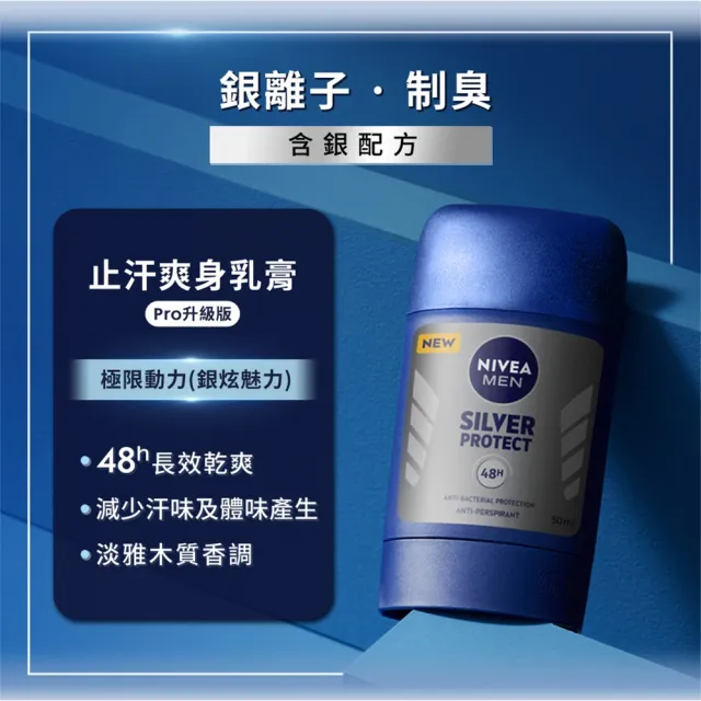 【NIVEA 妮維雅】男士止汗爽身乳膏Pro升級版50ml(乾適活力/極限動力-銀炫魅力/48H乾爽/敏感肌適用)
