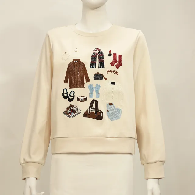 【ILEY 伊蕾】精緻歐式刺繡短版棉質大學T(杏；M-2L；1254511202)