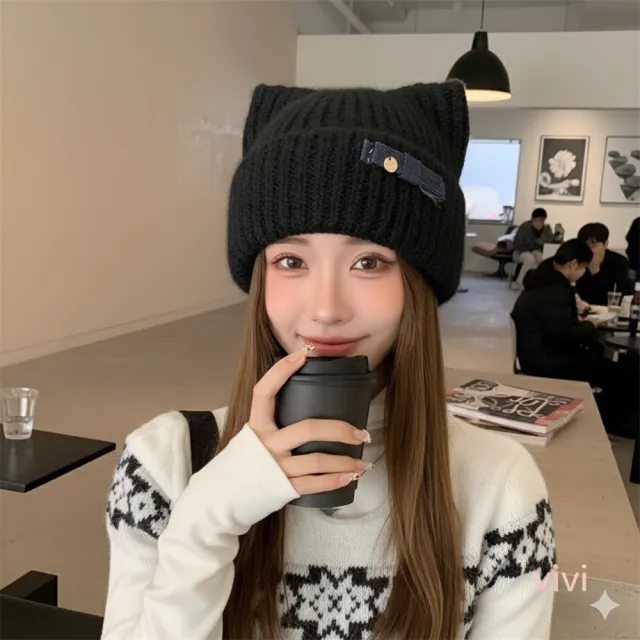 【HaNA 梨花】買一送一贈圍脖 MEOW~可愛貓耳牛仔蝴蝶結毛線帽(毛帽 秋冬百搭 貓耳)