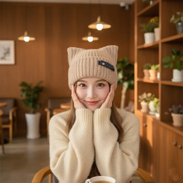 【HaNA 梨花】買一送一贈圍脖 MEOW~可愛貓耳牛仔蝴蝶結毛線帽(毛帽 秋冬百搭 貓耳)
