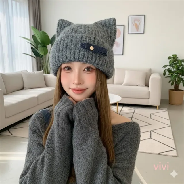 【HaNA 梨花】買一送一贈圍脖 MEOW~可愛貓耳牛仔蝴蝶結毛線帽(毛帽 秋冬百搭 貓耳)