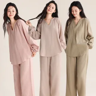 【Chic Chic 琪琪】1套組-長袖V領雙層嬰兒紗自然森系睡衣(長袖睡衣/簡約日系/居家服/純棉睡衣/睡衣套裝)