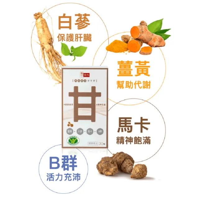 【享食尚】黃金組合甘甘好 1盒30粒 健字號護肝認證(黃鐙輝/白蔘/薑黃/馬卡/B群/尾牙/聚餐/送禮)