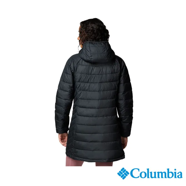 【Columbia 哥倫比亞】女款-保暖防潑填充長版連帽外套-Powder Lite™-黑色(UWR95750BK/JF)