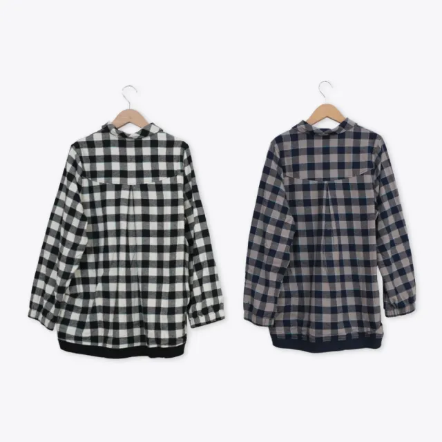 【MOSS CLUB】圓弧下襬格紋變化四合釦襯衫(藍 黑)