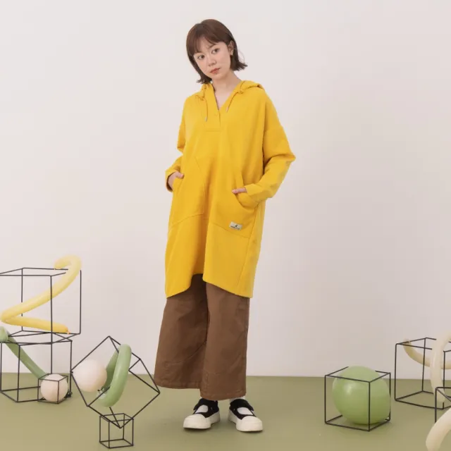 【MOSS CLUB】內刷毛V領連帽配布剪接棉T洋裝(綠 黃)