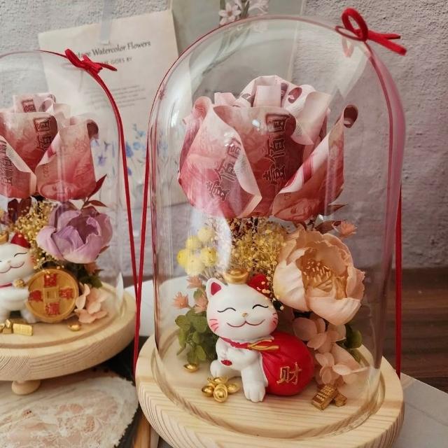 【OSTARA FLORIST 奧斯塔拉花藝】笑眼瞇瞇招財有錢花玻璃罩(招財貓、有錢花、開業、榮升、玻璃罩)