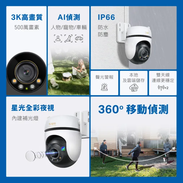 (128G記憶卡組)【TP-Link】Tapo C530WS 3K 500萬畫素AI旋轉戶外無線網路攝影機 IP CAM(全彩夜視/IP66防水/