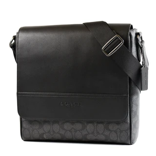 【COACH】男款 緹花LOGO防刮翻蓋磁釦斜背包-灰黑