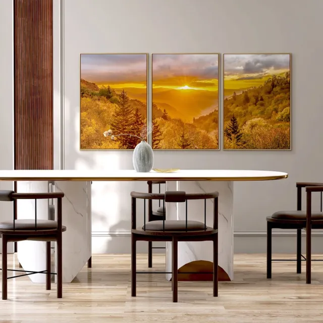 菠蘿選畫所】日出山景三幅聯畫組合-50x70cm(輕奢流金山峰掛畫/黃金日出