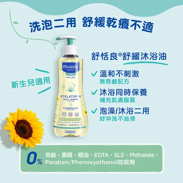 【Mustela 慕之恬廊】舒恬良 乾癢洗護滋潤組(舒緩沐浴油500ml＋滋養益膚柔舒霜150ml有機＋柔舒面霜40ml)