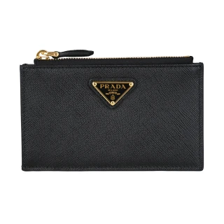 【PRADA 普拉達】PRADA Saffiano三角牌金字LOGO小牛皮5卡拉鍊卡夾(黑)