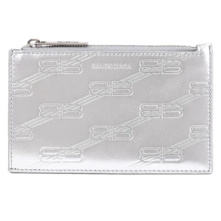 【Balenciaga 巴黎世家】品牌LOGO壓印牛皮信用卡證件名片零錢包(銀)