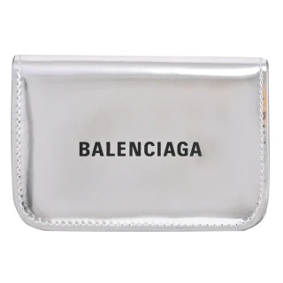 【Balenciaga 巴黎世家】經典烙印LOGO漆皮三折雙面零錢小短夾(亮銀)
