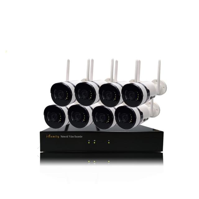 I-Family 宇晨 16路8鏡無線監視錄影套裝組，內含一機8鏡+球機，臺灣品牌主機臺灣製造，品質嚴控讓居家更安心。採用雙層鋁質隔熱板與全鋁質機身，避免陽光直射且散熱效果優異，延長機器壽命。免網路設計，插電即自動無線連線，DIY安裝超簡單，500萬畫素廣角鏡頭提供清晰監控，免施工免設定，輕鬆守護家庭安全。