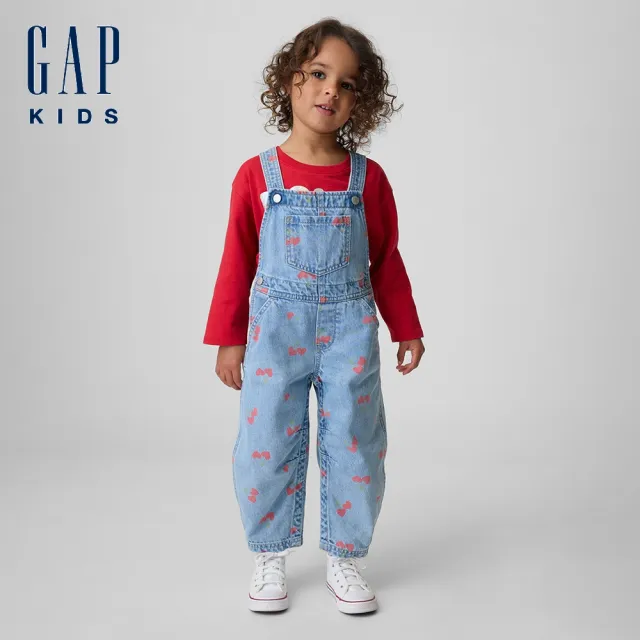 【GAP】女幼童裝 印花牛仔吊帶褲-中度水洗(845547)