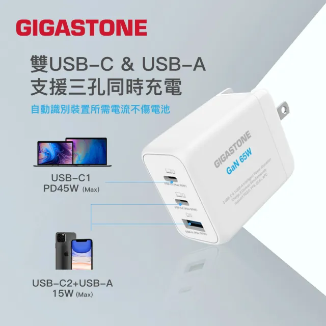 【Gigastone 立達國際】GaN 65W氮化鎵Type-C三孔急速快充充電器Pro PD-7650(白色/手機/平板/筆電快充)