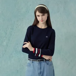 【ELLE ACTIVE】女款 法式袖口條紋圓領長袖上衣-深藍色(EA25A1W1704#39)