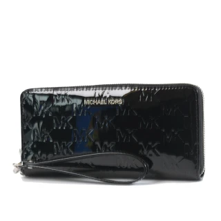 【Michael Kors】漆皮壓印LOGO多卡層手掛式拉鍊長夾-黑色
