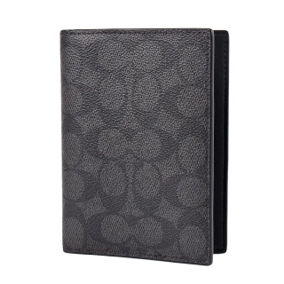 【COACH】男款 緹花LOGO防刮皮革護照夾-灰黑