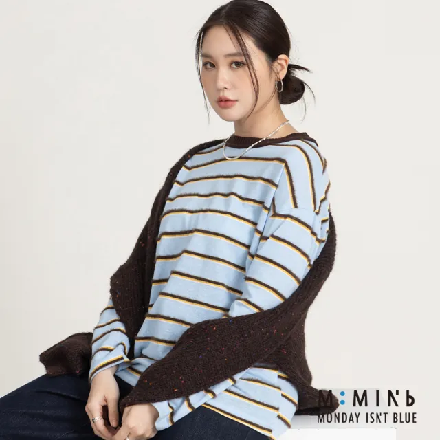 【M：MINb】配色毛絨條紋長袖T恤(淺藍/中大尺碼女裝/XL女裝/女裝/大尺碼上衣/大尺碼T恤)