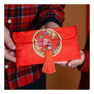 【摩達客】農曆春節開運☆綢緞布橫式雙魚流蘇藝術紅包袋