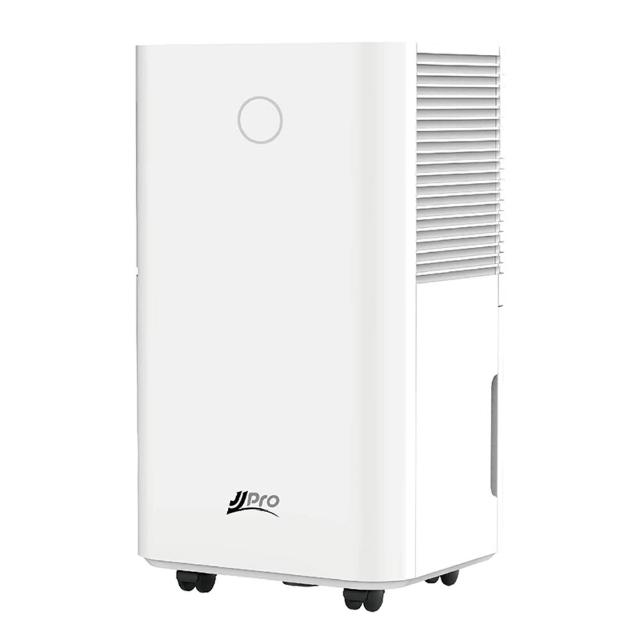 JJPRO家佳寶 JPDH01B 變頻除濕機，採用B式除濕技術，日除濕量達5-8L，適合5-10坪空間使用。白色系設計輕巧（250x220x445mm，10KG），配備活性碳濾網及2.1-3L水箱，可接排水管連續運作。120W低耗電，第一級能源效率，適用5-35℃室溫，內建定時功能，3年保固，BSMI認證T74364。有效去除濕氣，改善居家空氣品質，理想的臺灣除濕解決方案。