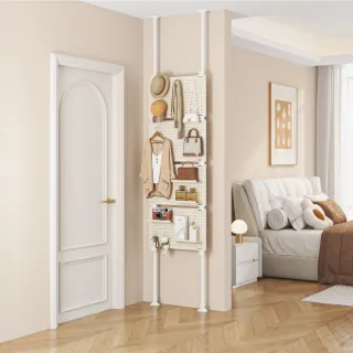 【慢慢家居】預計3/27前出貨 免打孔頂天立地洞洞板置物架-57面寬 贈掛勾x20+置物盤x4(鐵製 屏風 衣帽架)