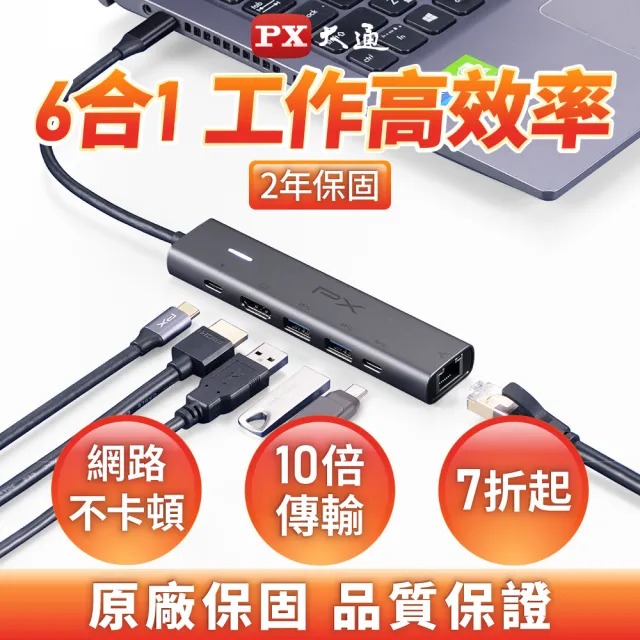 【PX 大通】★C6-21R RJ45/Type-C/USB-A 100W 4K高畫質6合1影音轉換HUB集線器(5G快充hub)