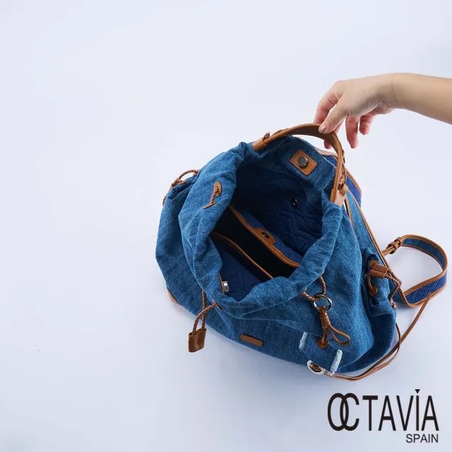 【OCTAVIA 8】雙11 舒棉鋪棉牛仔 束口手提後背包 - 中間藍(牛仔後背包)